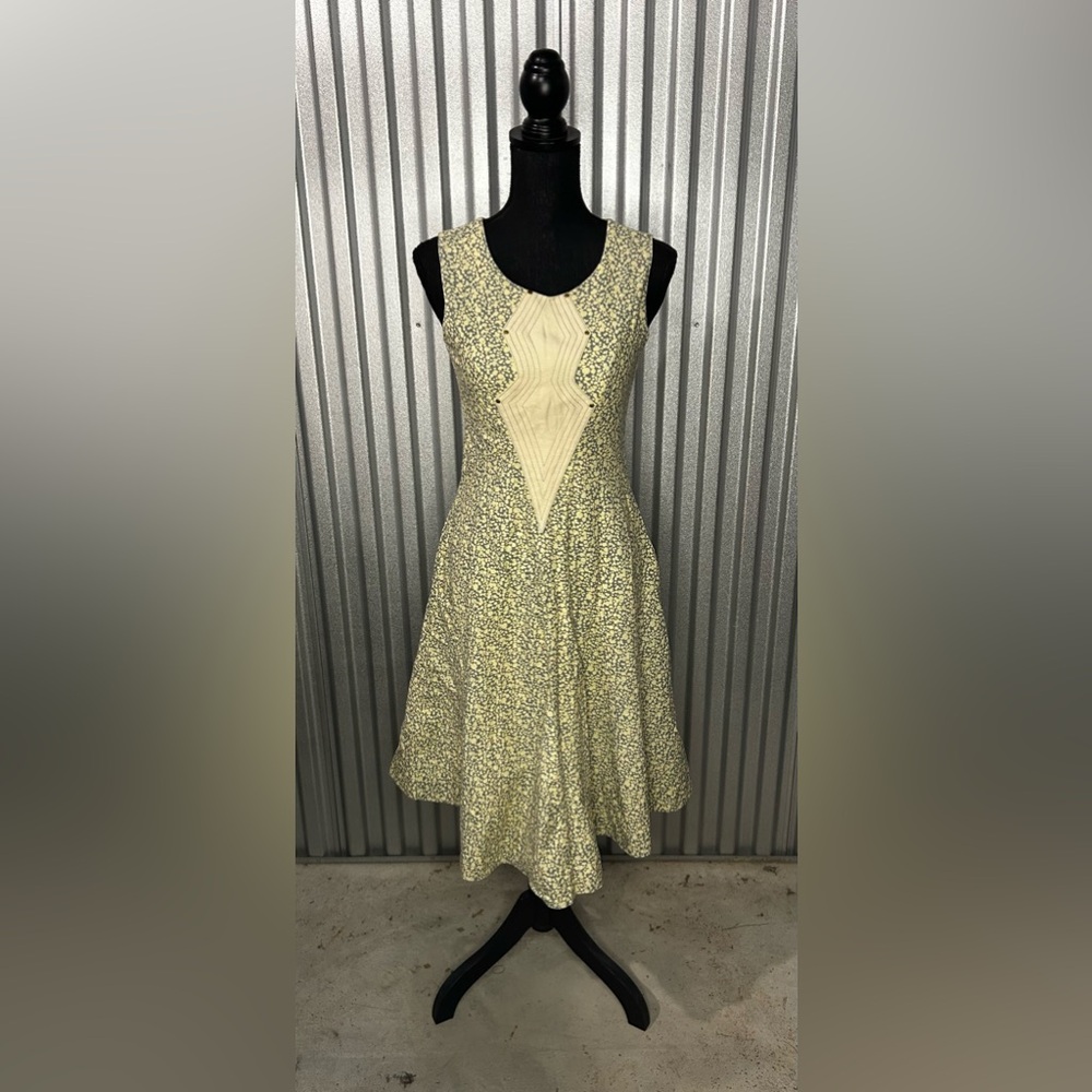 Women’s Lauren Moffatt Blue Tan Anthropologie Geometric Midi Dress Designer 4